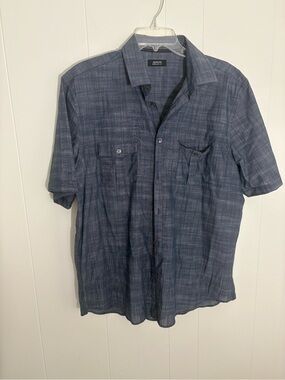 Alfani Men's Navy Blue Gray Short-Sleeve Plaid Button-Down Shirt